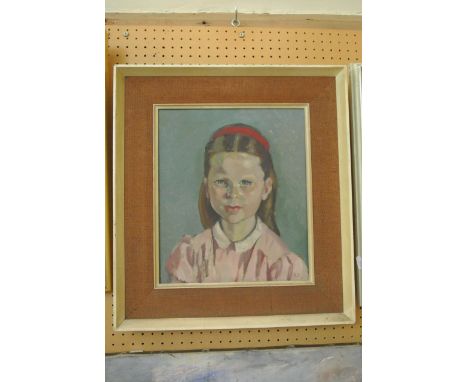 A 20th century oil painting on canvas by Susan Jacobson, a shoulder length portrait of a little girl in red headband and pink