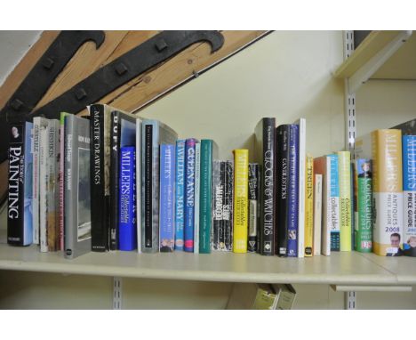 A large interesting collection of books relating to antiques and art including books on needlework tools, candlesticks, clock