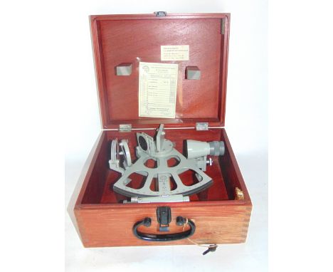 A cased 20th century German sextant, the case together with information card dated 27.6.75 marked Made in DDR with metallic f