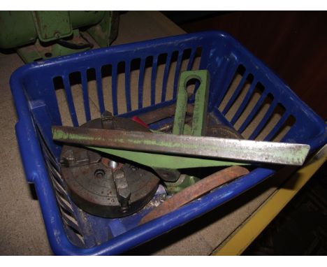 A bench top electric and belt driven lathe with induction motor and a small quantity of attachments/accessories