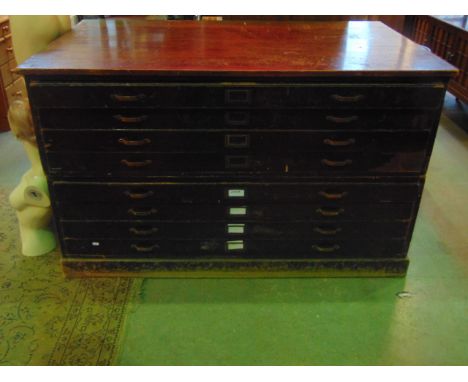 A vintage two sectional stained hardwood plan chest fitted with eight shallow index drawers within panelled frame, 5ft wide x