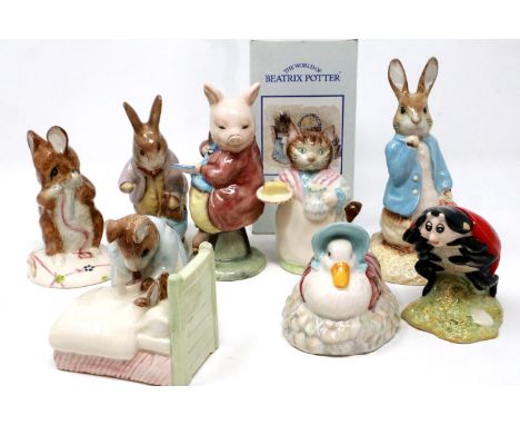 Eight Royal Albert Beatrix Potter figurines including Mrs Ribby, largest H: 13 cm, no chips or cracks. P&amp;P Group 3 (£25+V