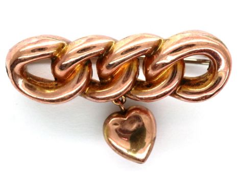 9ct rose gold brooch with heart charm, L: 40 mm, 2.7g. P&amp;P Group 1 (£14+VAT for the first lot and £1+VAT for subsequent l