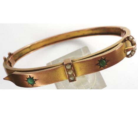 9ct gold bangle set with seed pearls and turquoise, D: 70 mm, 11.2g. P&amp;P Group 1 (£14+VAT for the first lot and £1+VAT fo