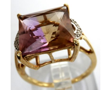 9ct gold ametrine and diamond ring, size M, 2.5g. P&amp;P Group 1 (£14+VAT for the first lot and £1+VAT for subsequent lots) 