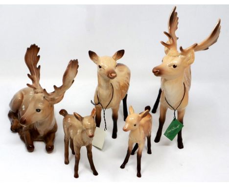 Three Beswick deer and two stags, largest H: 20 cm, no cracks or chips (5). P&amp;P Group 2 (£18+VAT for the first lot and £3