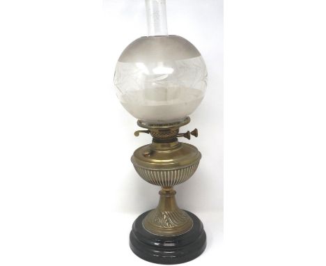 Brass paraffin lamp with etched glass shade. Not available for in-house P&amp;P 