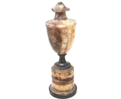 Large Victorian Blue John turned urn with substantial damages, H: 37 cm excluding base, on a marble base, 6.95kg. P&amp;P Gro