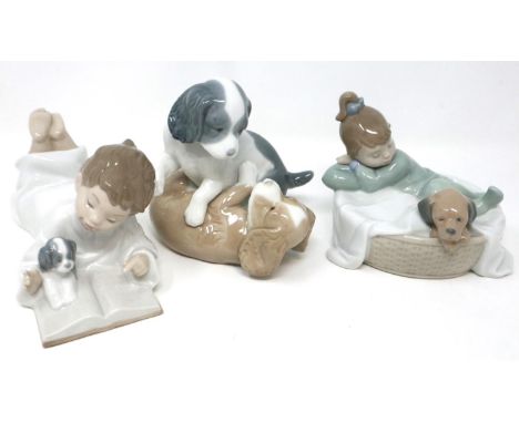 Three Nao figurines, H: 14 cm, small mark to one dogs body. P&amp;P Group 2 (£18+VAT for the first lot and £3+VAT for subsequ