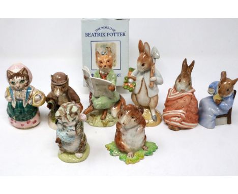 Eight Royal Albert and Beswick Beatrix Potter figurines including Miss Moppet, largest H: 13 cm, no chips or cracks. P&amp;P 