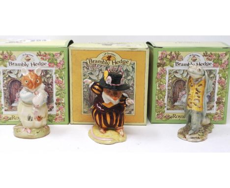 Two boxed Royal Doulton Brambly Hedge figurines and one Beswick Beatrix potter figurine, including Sir Isaac Newton, largest 