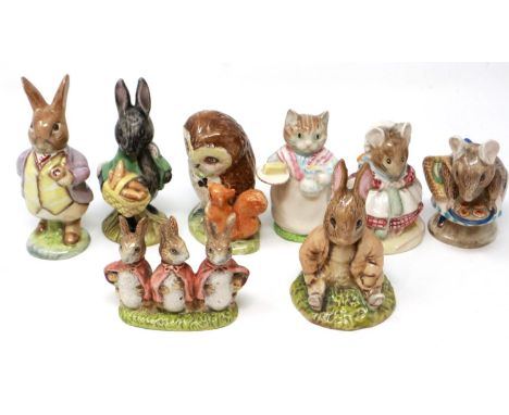 Eight Beswick and Royal Albert Beatrix Potter figurines including Mr Benjamin Bunny, largest H: 12 cm, no chips or cracks. P&