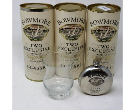 Six Bowmore Exclusive Islay single malt whisky glasses and a flask. P&amp;P Group 3 (£25+VAT for the first lot and £5+VAT for