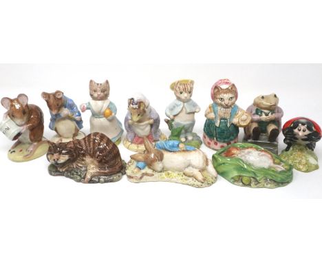 Eleven Royal Albert and Beswick Beatrix Potter and Alice series figurines including Cheshire Cat, largest H: 10 cm, no chips 