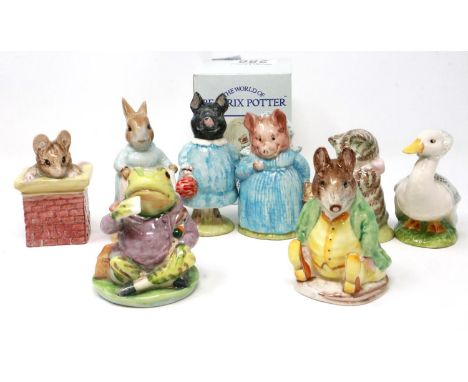 Eight Royal Albert and Beswick Beatrix Potter figurines including Jeremy Fisher, largest H: 10 cm, no cracks or chips. P&amp;