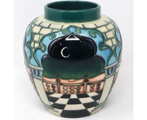 Moorcroft vase designed with a desert and night sky, H: 15 cm, no cracks or chips lacking cover, boxed. P&amp;P Group 1 (£14+