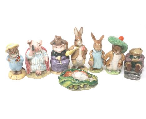 Eight Beswick and Royal Albert Beatrix Potter figurines including Mr Jackson, largest H: 13 cm, no chips or cracks. P&amp;P G