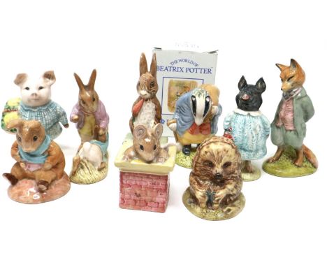 Nine Beswick and Royal Albert Beatrix Potter figurines including little Pig Robinson, largest H: 12 cm, no chips or cracks or