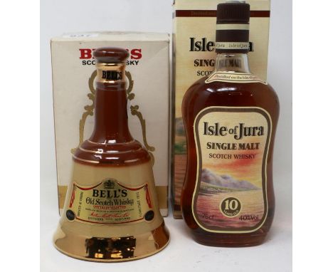 Isle of Jura single malt Scotch whisky aged 10 years old, 75cl, 40% proof, with a Bells whisky bell decanter, boxed and unope