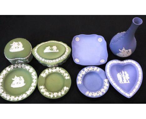 Wedgwood jasperware ceramics in sage green and powder blue, including a Rotary International example, largest D: 11 cm, no ch