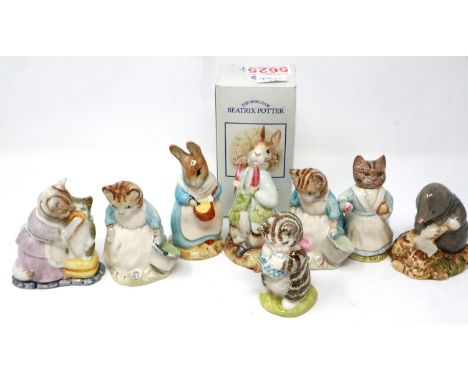 Eight Royal Albert and Beswick Beatrix Potter figurines including Mrs Rabbit Cooking, largest H: 10 cm, no chips and cracks. 