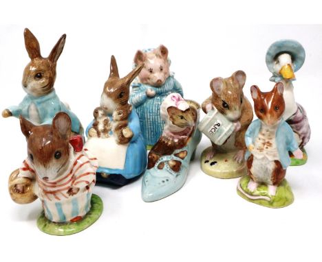 Eight Beswick and Royal Albert Beatrix Potter figurines, including Mrs Tithemouse, largest H: 11 cm, no chips or cracks. P&am