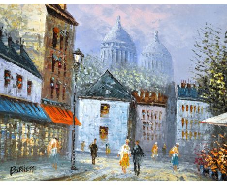 Burnett, Street Scene, oil on canvas, 39cm x 50cm, two other watercolours by the same hand and a print after Kieffer.