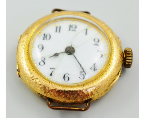 14k gold lady's wristwatch, engraved case, enamel dial, damaged.