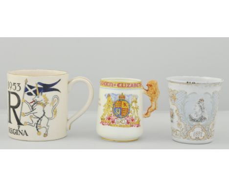 Victorian enamel beaker, commemorating the Diamond Jubilee 1897, 10cm and six commemorative mugs (7).