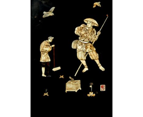 Pair of Japanese bone inlaid lacquered panels, figurative scenes, 54cm x 35cm.