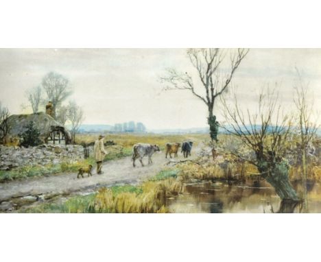 Victorian landscape coloured print, 23cm x 42cm, gilt frame and two other prints.