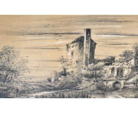 Victorian School, Abbey Ruins, a pair, charcoaled item with white, 30cm x 42cm, oak frames.