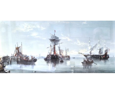 Coloured print, fishing barges, 49cm x 111cm, gilt frame.
