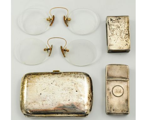 Victorian Scottish silver vesta case, Edinburgh 1891, engine turned, 6cm, a silver match box case, a cigarette box and four p