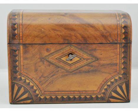 Victorian walnut and parquetry inlaid tea caddy, domed top, fitted interior with two covers, with key, width 17.5cm.