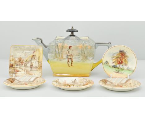 Royal Doulton series ware teapot, marked Orlando, with an electroplated lid, height 13cm, together with a Royal Doulton pin d