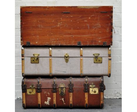 Canvas bound cabin trunk, brass locks, 84cm and two other cabin trunks (3).