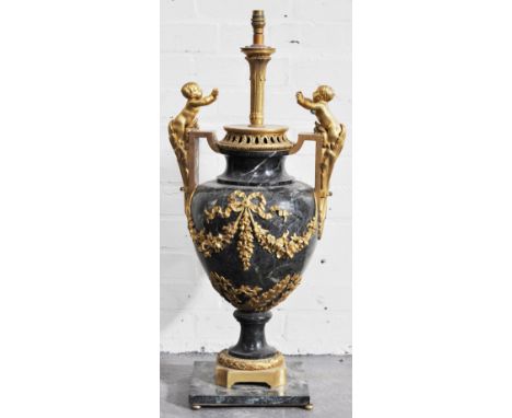 French marble and gilt metal mounted lamp, urn shape form with cherub handles, plinth base, height 84cm.