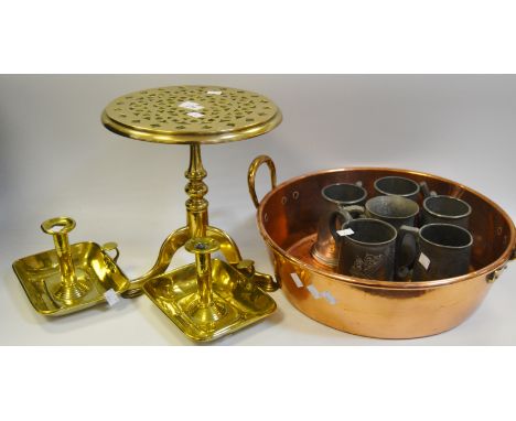 Metalware - a pair of 19th century brass chamber candlesticks; a Victorian bell metal trivet, turned supports, tripod cabriol