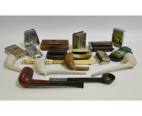Smoking - Zippo lighter; clay pipes; plated book vesta case; horn snuff box; bone Stanhope; etc.  