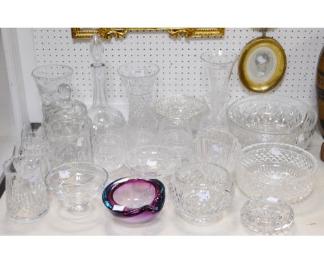 Glassware - a globe and shaft decanter; cut glass biscuit barrel and cover; cut glass vases; water jugs; brandy balloons; etc