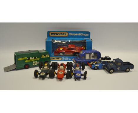 Racing Toys - Triang Scalextric lotus with driver, others; Le Mans silver stone Racing Transporter by Lesney; Corgi Land Rove