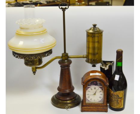 A Cava Manzavino red table wine;  Humber Bridge celebration ale;  an Eastern oil lamp;   a walnut mantel clock (4)