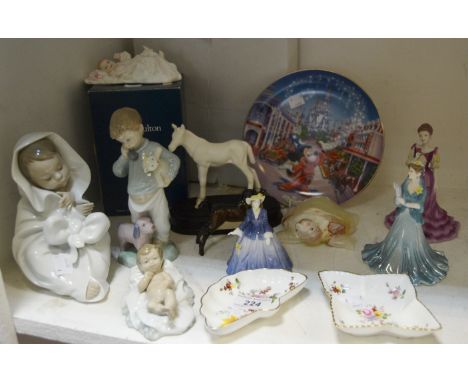 A Royal Doulton figure, New Baby; other figures, Coalport, Nao; Royal Crown Derby trinket dishes; etc 