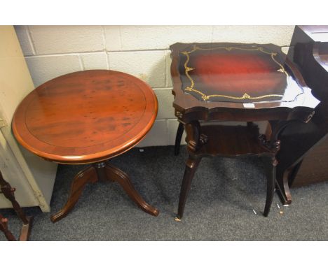 A contemporary shaped square tooled leather occasional table, shaped supports, under tier; a contemporary mahogany lamp table