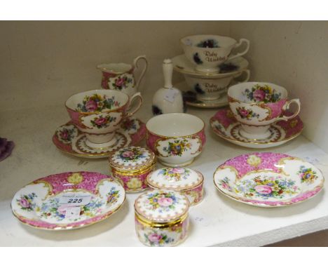 A Royal Albert Lady Carlisle tea for two; similar trinket boxes; ruby wedding tea cups and saucers 