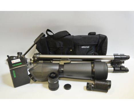 An Opticron E580GAED , with 40925 SDL zoom eyepiece waterproof spotting scaope; a Velbon Delton PH157Q tripod, carrying case,