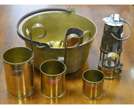Metalware - an Eccles miner's safety lamp, a brass jam pan; brass measuring jug; brass coal tongs;  etc 