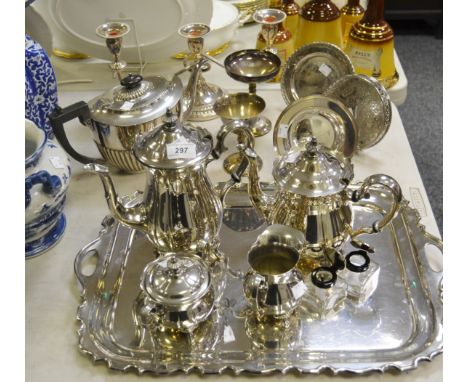 Silver Plated Ware - a silver plated stop fluted teapot; a silver plated four piece tea service, acorn finial; candelabra; tr