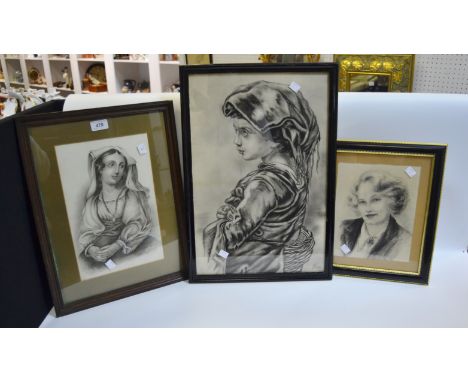 Pencil and charcoal studies - Morriz, Portrait of a Romney Girl, signed, daed 1822., charcoal, 49cm x 33cm;  others (3)